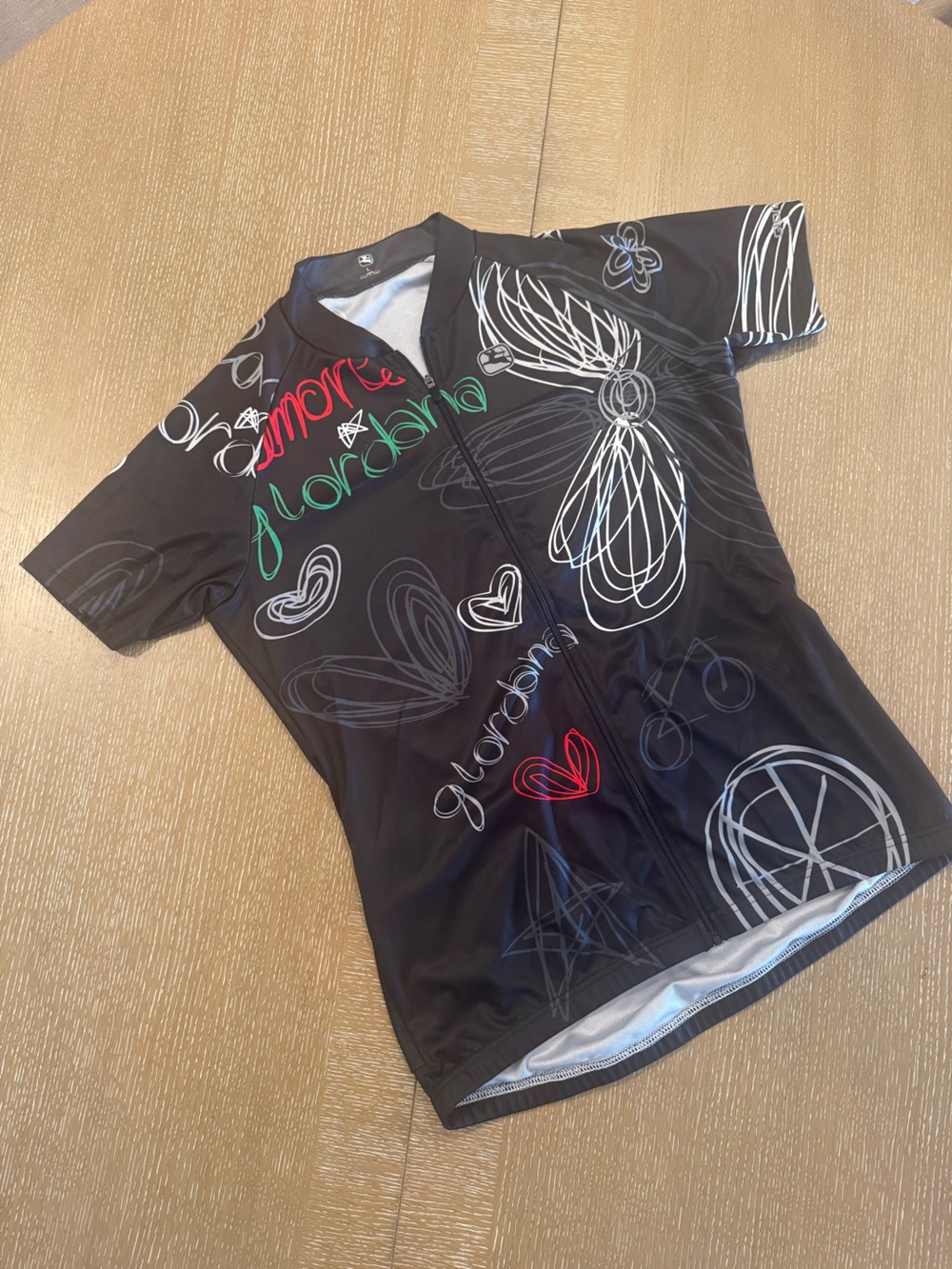 Women's Black Cycling Jersey with Multicolor Script and Graphics